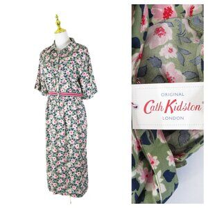 Cath Kidston London Pink Green Dusk Floral Utility Midi Shirt Dress Size US 8